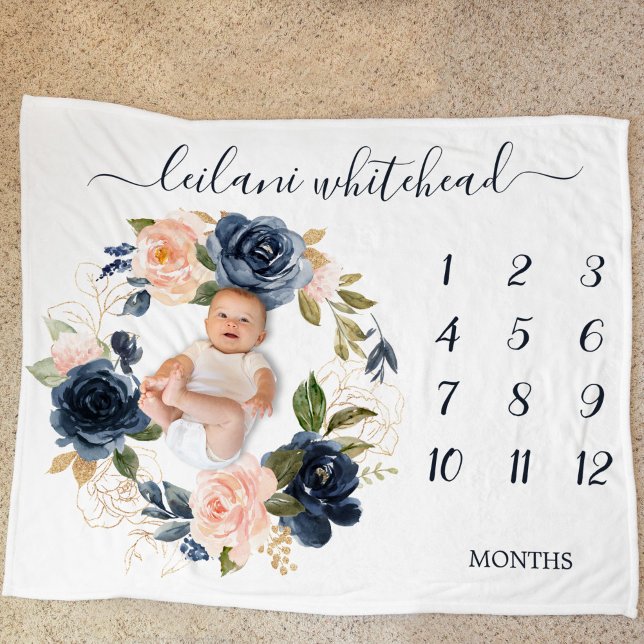 Floral Baby Month Milestone Blush Navy Baby Fleecedecke (Enjoy this botanical floral wreath large baby blanket to photography your baby each month.)