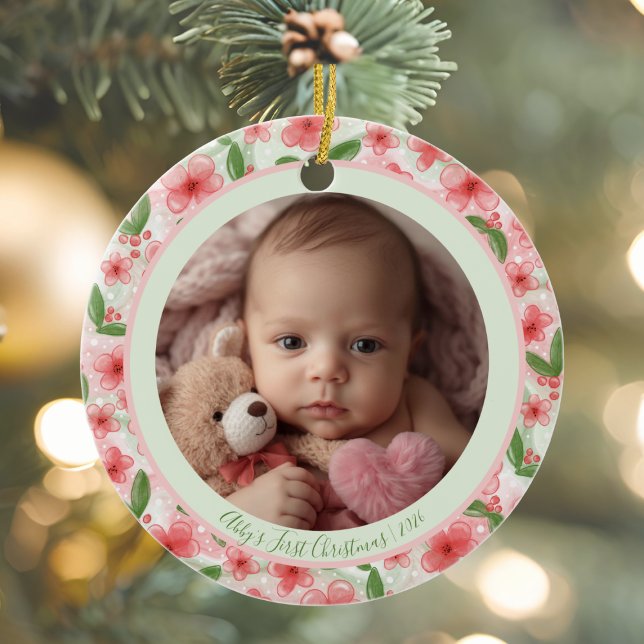 Floral Baby’s First Christmas Ornament – Add Name  (Baby's First Christmas Photo Ornament Keepsake)