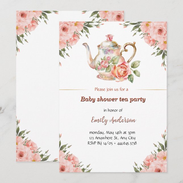Floral Baby Shower Tee Party Einladung (Vorne/Hinten)