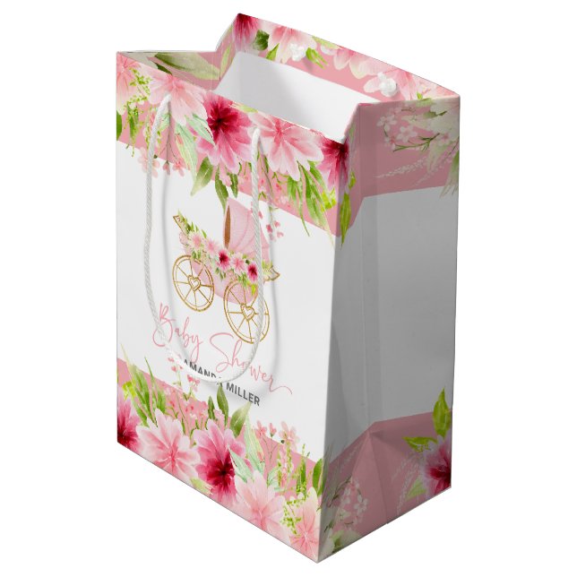 Floral Baby Stroller Baby Shower Typografie Mittlere Geschenktüte (Rückseite Schrägansicht)