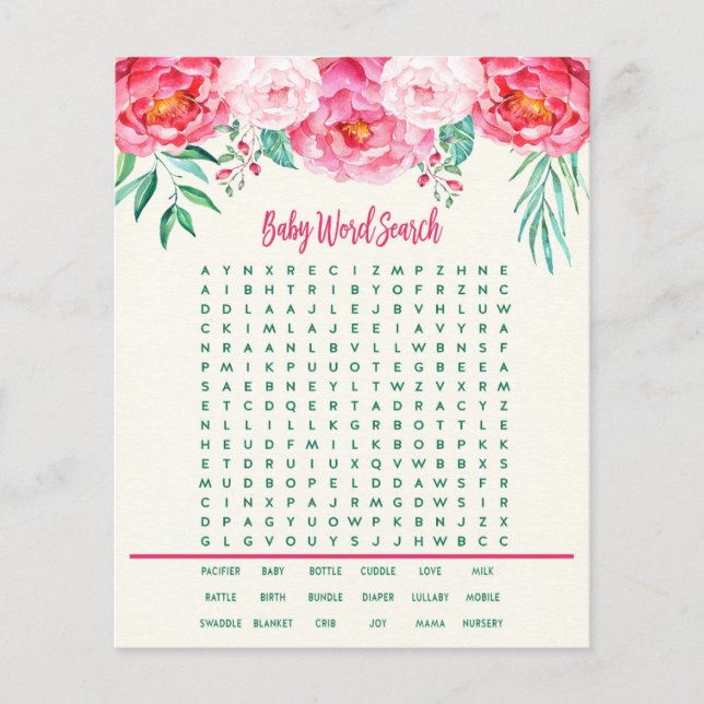 Floral Baby Word Search, Baby Showspiele, Spiele (Vorderseite)