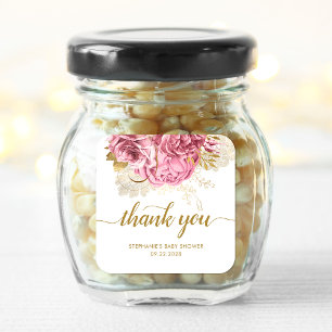 Floral Babyparty Pink Gold Danke Quadratischer Aufkleber