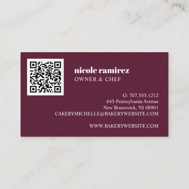 Floral Bakery Patisserie Streifen bordeauxrot QR C Visitenkarte (Rückseite)