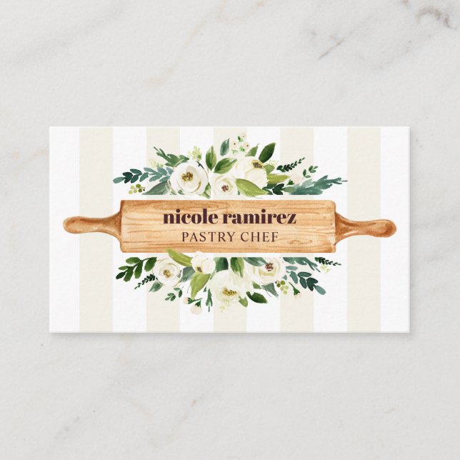 Floral Bakery Rolling Button Patisserie gestreift  Visitenkarte (Vorderseite)