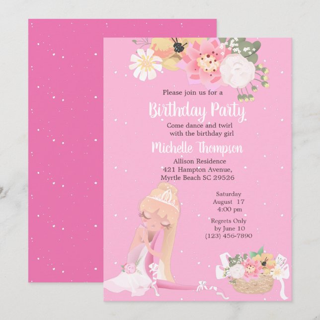 Floral Ballerina rose Invitation d'anniversaire (Devant / Derrière)