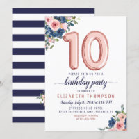 Floral Balloon Blush Rose Gold Navy Zehnter Geburt