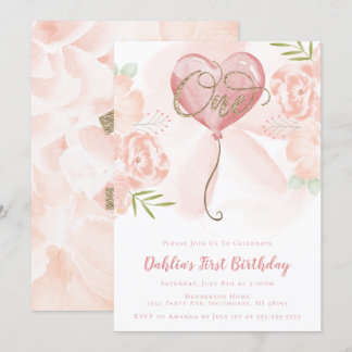 Floral Balloon Einladung zum ersten Geburtstag