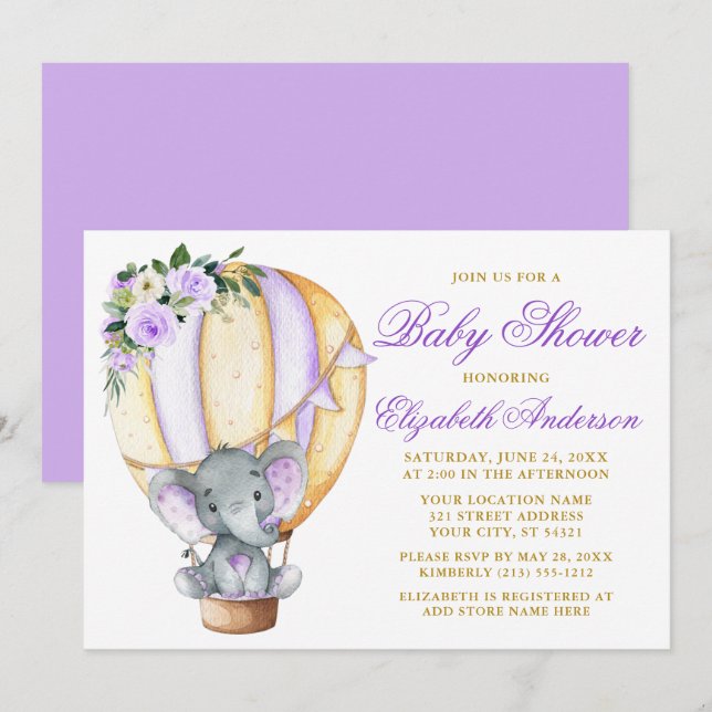 Floral Balloon Elephant Baby Dusche Lila Einladung (Vorne/Hinten)