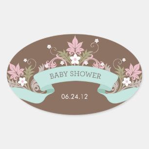 Floral Banner Aqua Babyaufkleber Ovaler Aufkleber