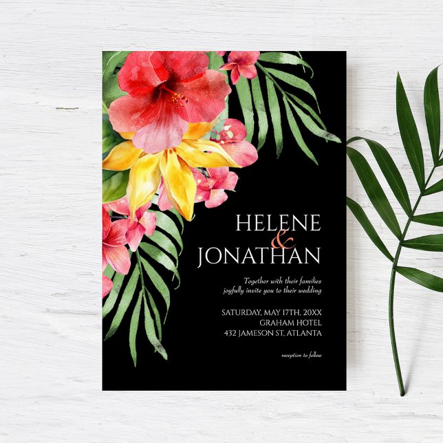 Floral Beach Black Tropical Hochzeit in Urlaubsort Einladung (Von Creator hochgeladen)