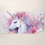 Floral Beautiful Unicorn Strandtuch<br><div class="desc">Niedliches Aquarell mit rosa Blume,  Blumendekorationen.</div>