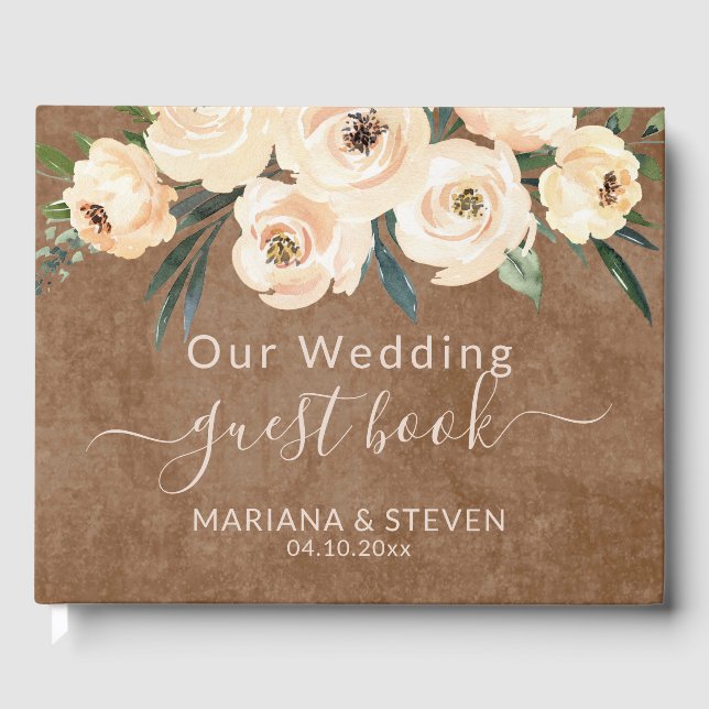 Floral Beige auf Brown Wedding Guest Book Gästebuch (Vorderseite)