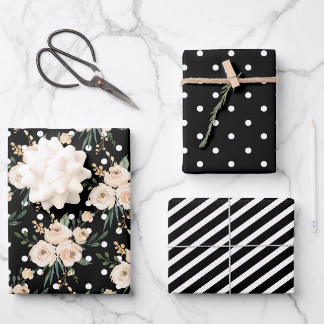 Floral Beige Black Wedding Geschenkpapier Set (Vorderseite)