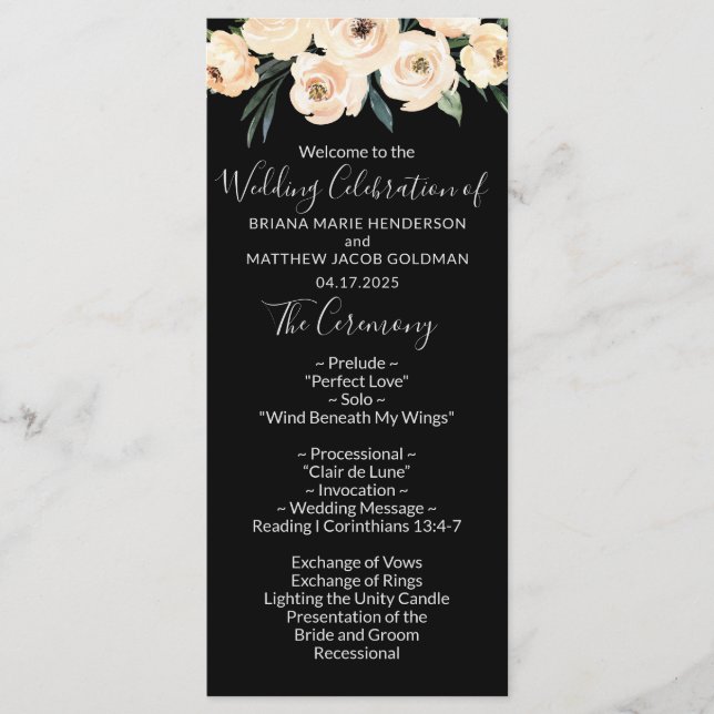 Floral Beige Black Wedding Programm (Vorderseite)