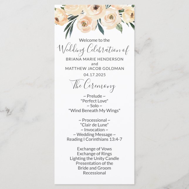 Floral Beige Blush am White Wedding Programm (Vorderseite)