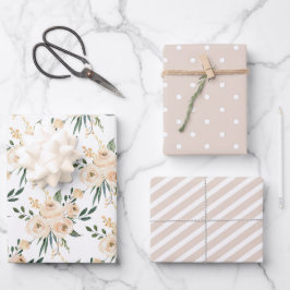 Floral Beige Blush auf weißer Hochzeit Geschenkpapier Set