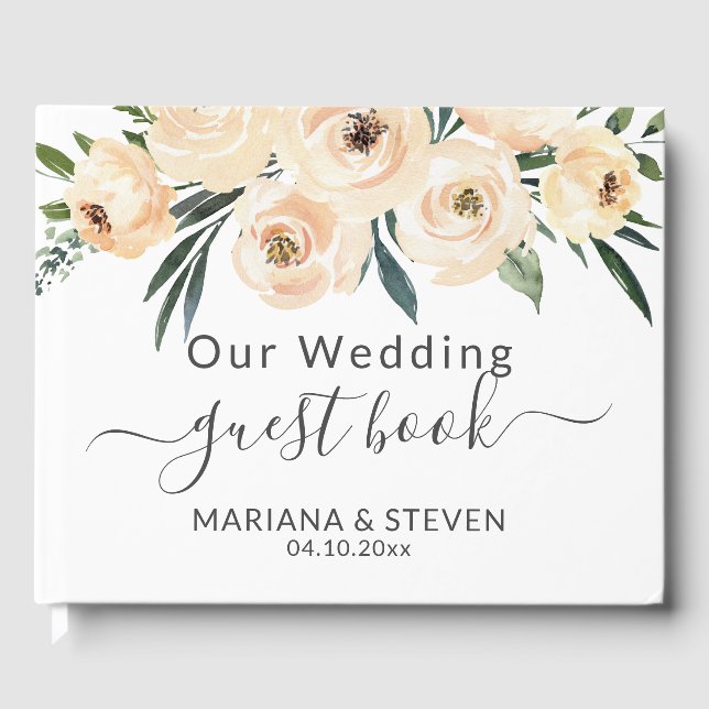 Floral Beige Blush auf White Wedding Gästebuch (Vorderseite)