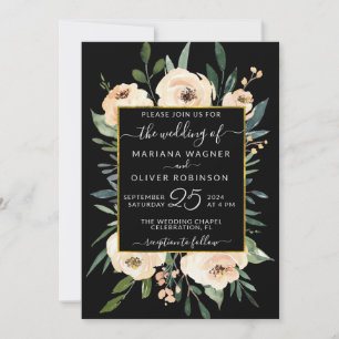 Floral Beige Blush Rose Gold auf Black Wedding Einladung