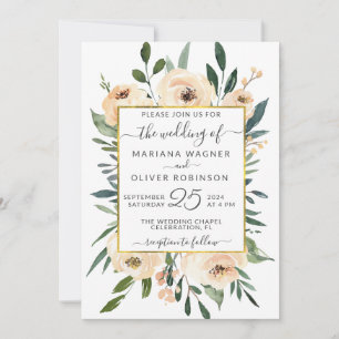 Floral Beige Blush Rose Gold auf Weiße Hochzeit Einladung