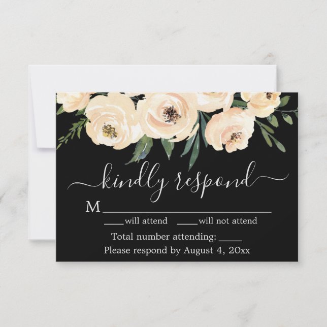 Floral Beige Blush Rose Gold Black RSVP Card Dankeskarte (Vorderseite)