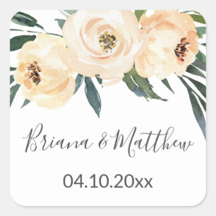 Floral Beige Weiße Gastgeschenke Hochzeiten Platz Quadratischer Aufkleber