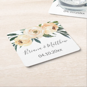 Floral Beige White Wedding Square Paper C Rechteckiger Pappuntersetzer