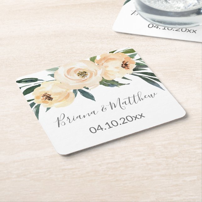 Floral Beige White Wedding Square Paper C Rechteckiger Pappuntersetzer (angewinkelt)