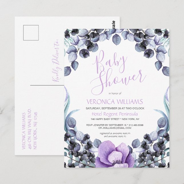 Floral Berry Baby Dusche Einladung Postkarte (Vorne/Hinten)