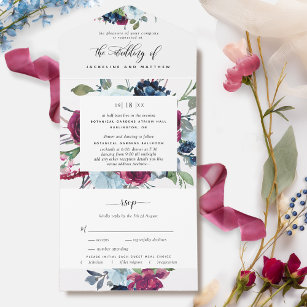 Floral Berry Blue Burgundy Hochzeitsriss Off UAWG All In One Einladung