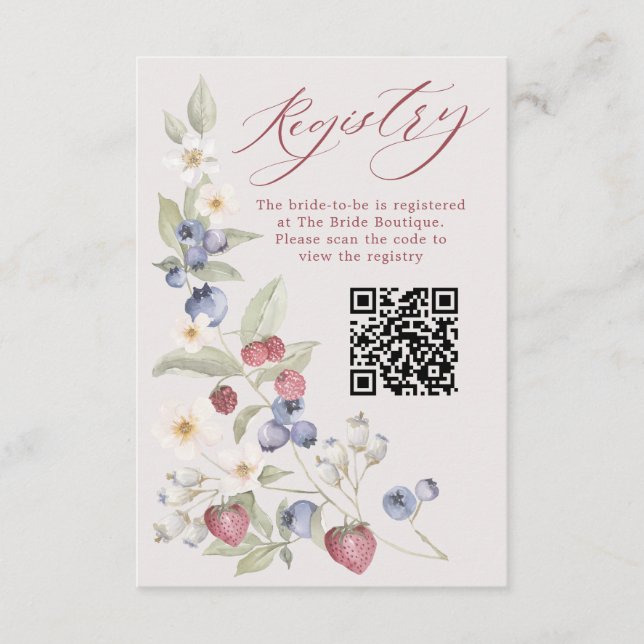 Floral Berry Sweet Bridal Shower QR Code Registry Begleitkarte (Vorderseite)