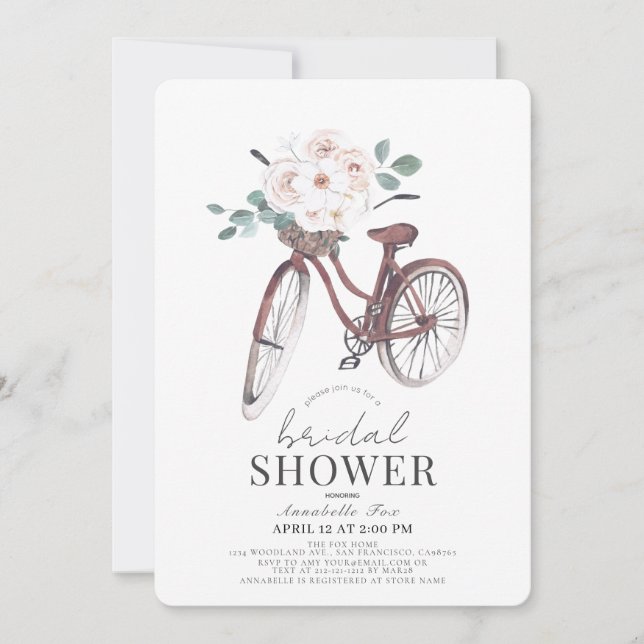 Floral Bicycle Watercolor Brautparty Einladung (Vorderseite)