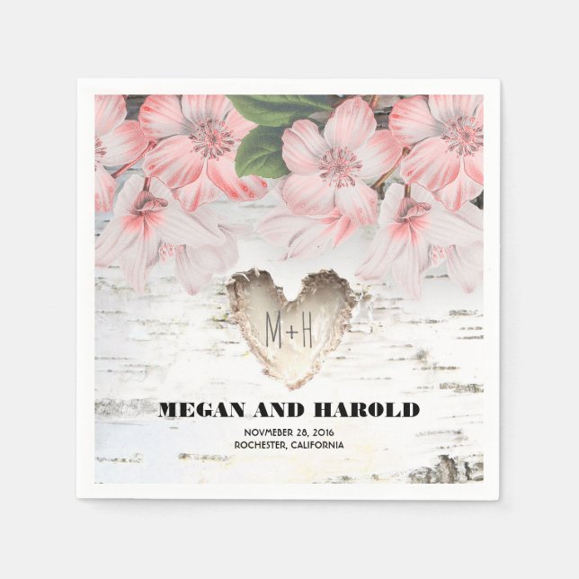 Floral Birch Herz rustikale Landhochzeit Serviette (Vorderseite)