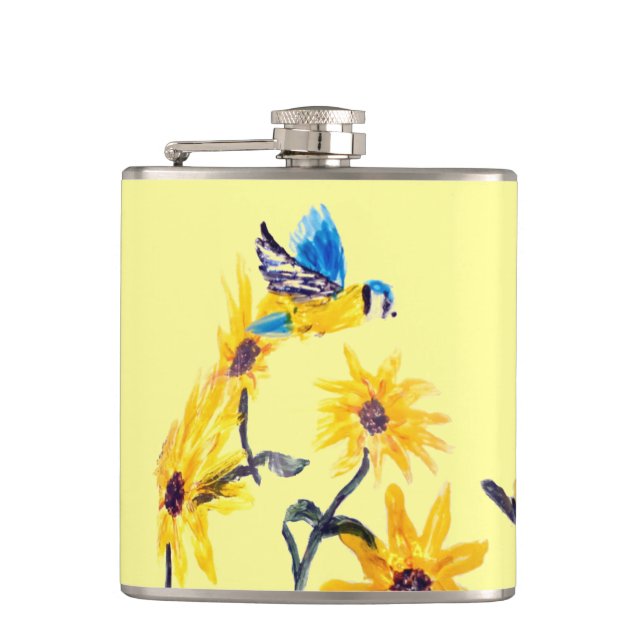 Floral Bird Art Gelbe Sonnenblumen Flachmann (Vorderseite)