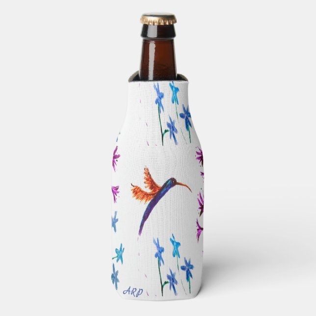 Floral Bird Art Hummingbird Blume Personalisiert Flaschenkühler (Flaschenvorderseite)