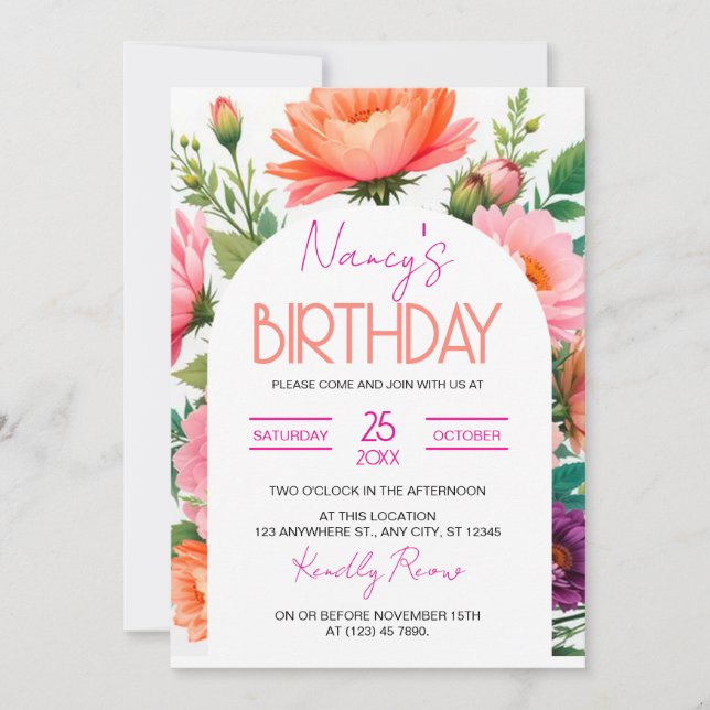 Floral Birthday Brunch Invitation Modèle, brillant (Devant)