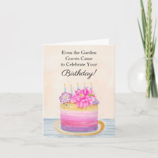 Floral Birthday Cake with Dahlia and Garden Insect Karte