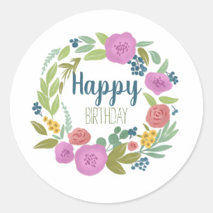 Floral Birthday Classic Round Aufkleber