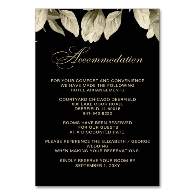 Floral Black and Gold Hochzeitskarten Tischnummer (Vorderseite)