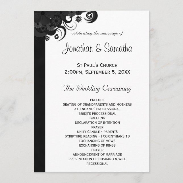 Floral Black and White Gothic Wedding Programmes (Devant)