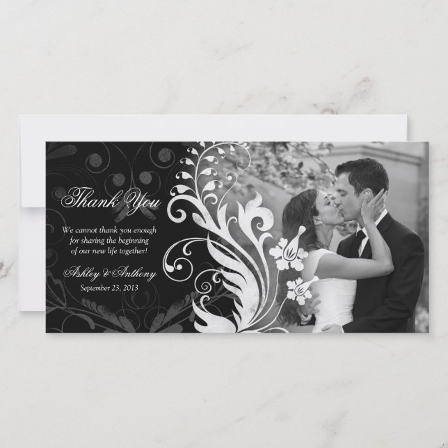 Floral Black and White Wedding Danke Fotokarte (Vorderseite)