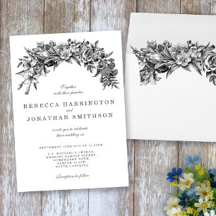 Floral Black Blanc Vintage Mariage Carte d'invitat