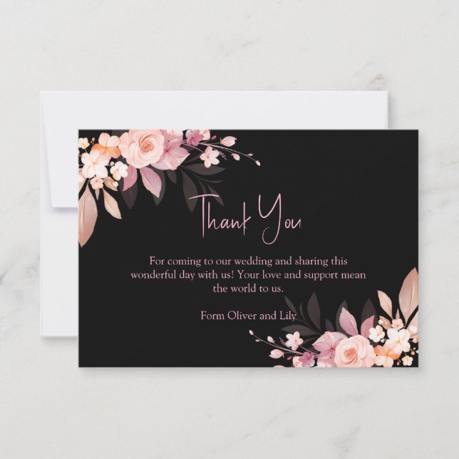 Floral Black & Blush Rose Wedding  Dankeskarte (Vorderseite)