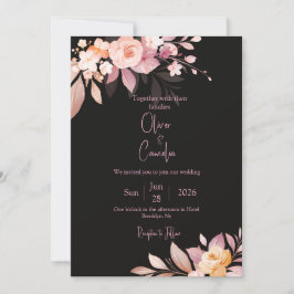 Floral Black & Blush Rose Wedding  Einladung