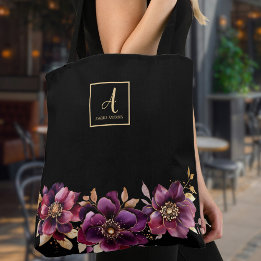Floral Black Custom Monogram Tasche