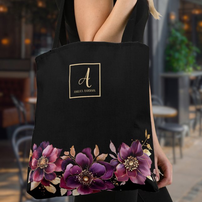 Floral Black Custom Monogram Tasche (Von Creator hochgeladen)