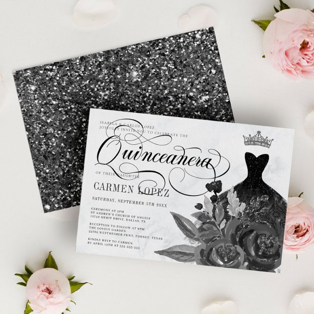 Floral Black Glitzer Princess Tiara Quinceanera Einladung (Von Creator hochgeladen)