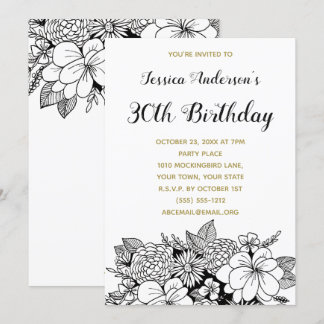 Floral Black Gold 30. Geburtstag Einladung