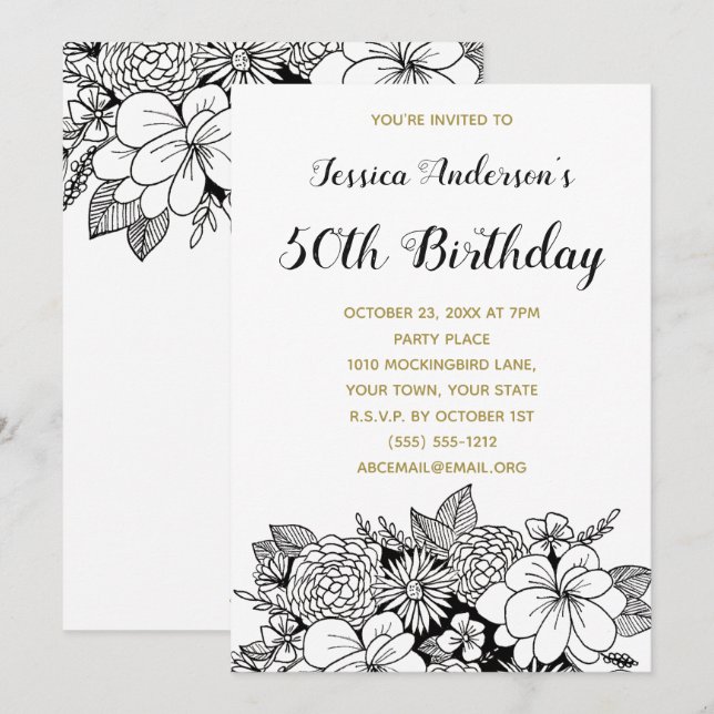 Floral Black Gold 50. Geburtstag Einladung (Vorne/Hinten)