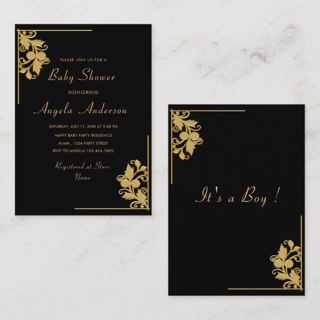 Floral Black Gold Baby Boy Shower Invitation (Devant / Derrière)