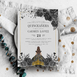 Floral Black Gold Princess Birthday Quinceanera Einladung